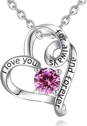 AEONSLOVE Sterling Silver Heart Necklaces October Birthstone Pendant Necklace Pink Jewelry Birthday Gifts for Women Mom Teen Girls Wife Girlfriend Mother Daughter I Love You for Always and Forever