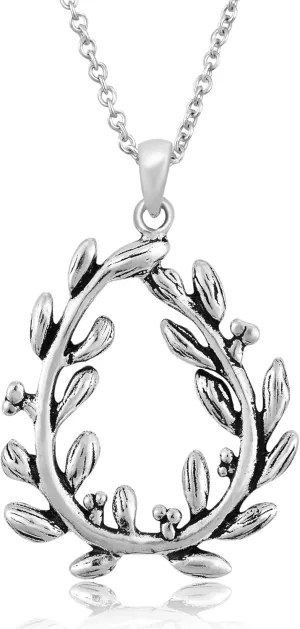 AeraVida Symbolic Olive Branch Wreath Nature Boho Leaf .925 Sterling Silver Pendant Necklace | Sterling Silver Necklace for Women | Long Necklaces for Women | Necklace Women Jewelry