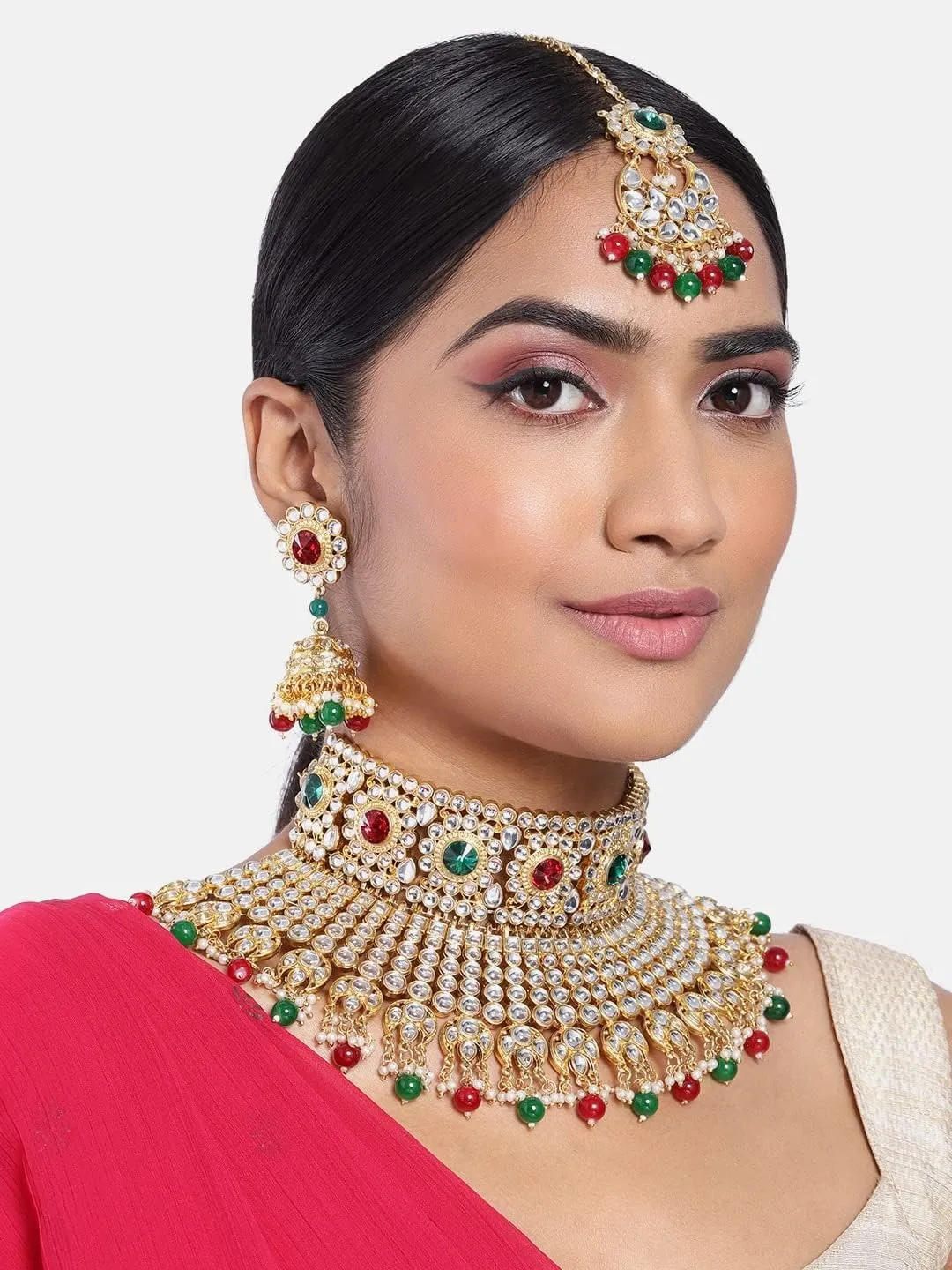 Aheli Ethnic Kundan Pearl Bridal Choker Necklace Earrings with Maang Tikka Gift for Women Indian Traditional Bollywood Fashion Jewelry Set