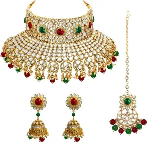 Aheli Ethnic Kundan Pearl Bridal Choker Necklace Earrings with Maang Tikka Gift for Women Indian Traditional Bollywood Fashion Jewelry Set