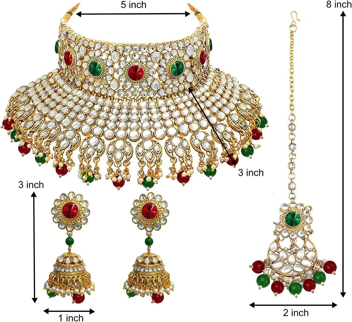 Aheli Ethnic Kundan Pearl Bridal Choker Necklace Earrings with Maang Tikka Gift for Women Indian Traditional Bollywood Fashion Jewelry Set