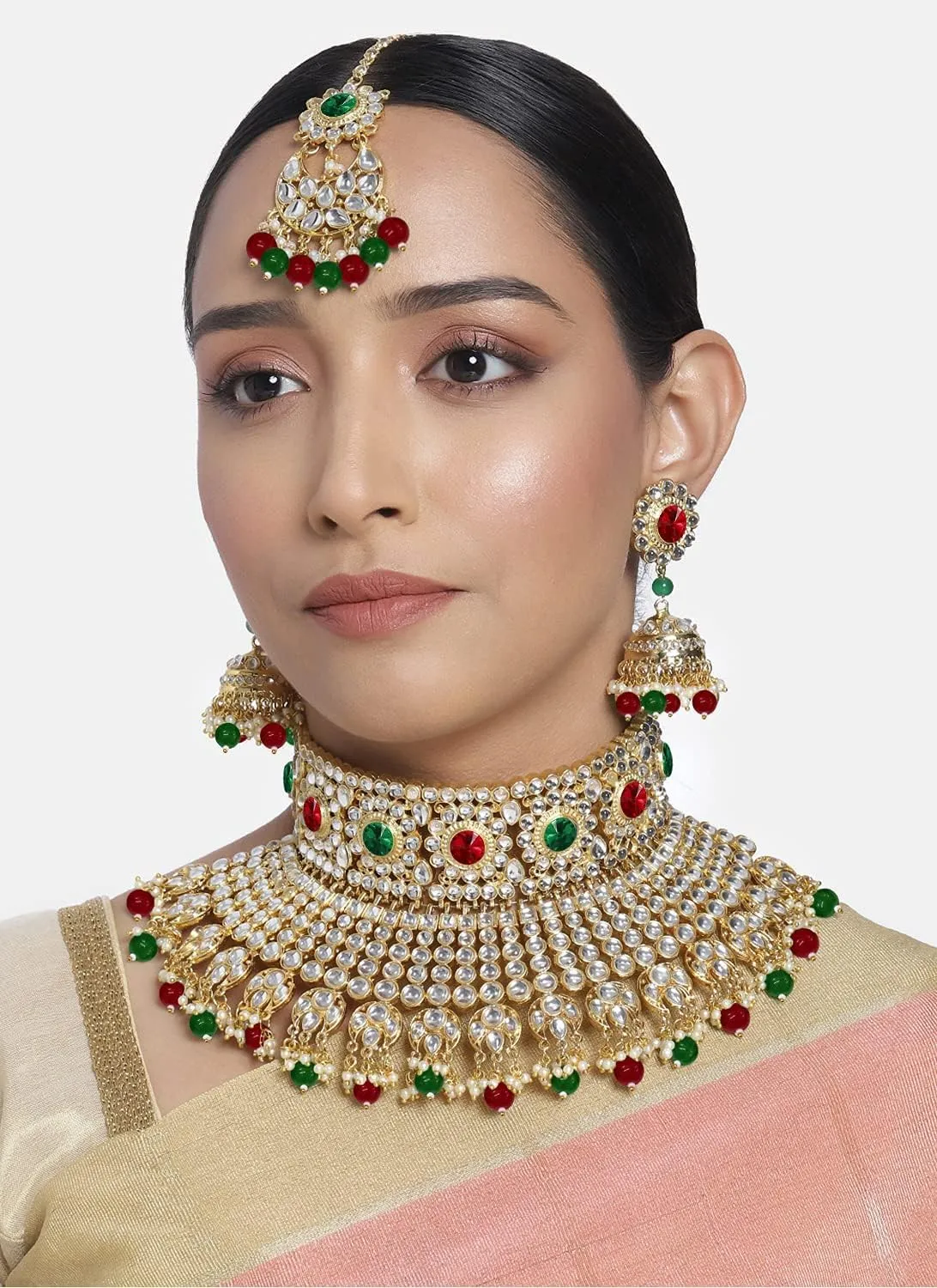 Aheli Ethnic Kundan Pearl Bridal Choker Necklace Earrings with Maang Tikka Gift for Women Indian Traditional Bollywood Fashion Jewelry Set