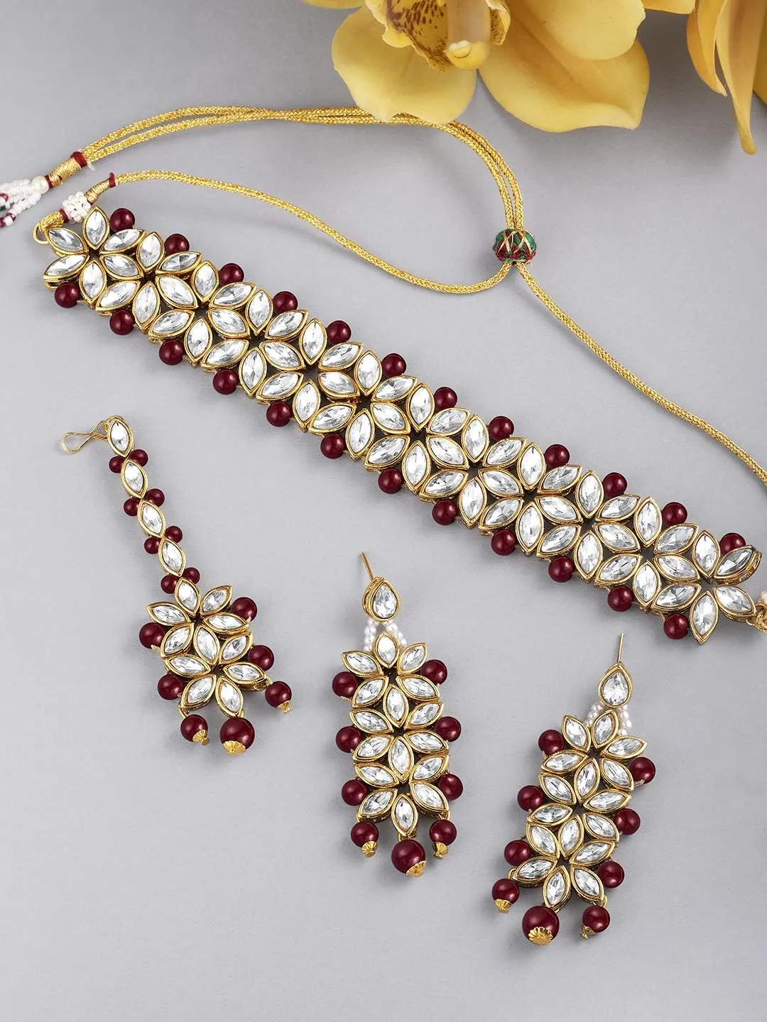 Aheli Indian Traditional Faux Kundan Pearl Bridal Choker Necklace Jewelry Set with Earring Maang Tikka Gift for Women