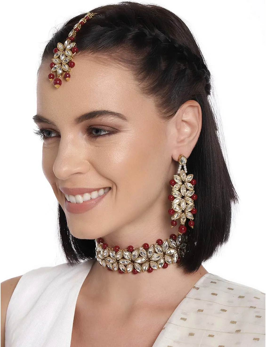 Aheli Indian Traditional Faux Kundan Pearl Bridal Choker Necklace Jewelry Set with Earring Maang Tikka Gift for Women