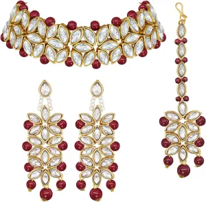 Aheli Indian Traditional Faux Kundan Pearl Bridal Choker Necklace Jewelry Set with Earring Maang Tikka Gift for Women