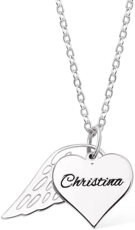 AILIN Custom Name Heart Necklaces For Women Sterling Silver 925/Stainless Steel Personalized Engraved Heart Pendant With Wing Charm Memorial Jewelry For The Loved One Pet lost