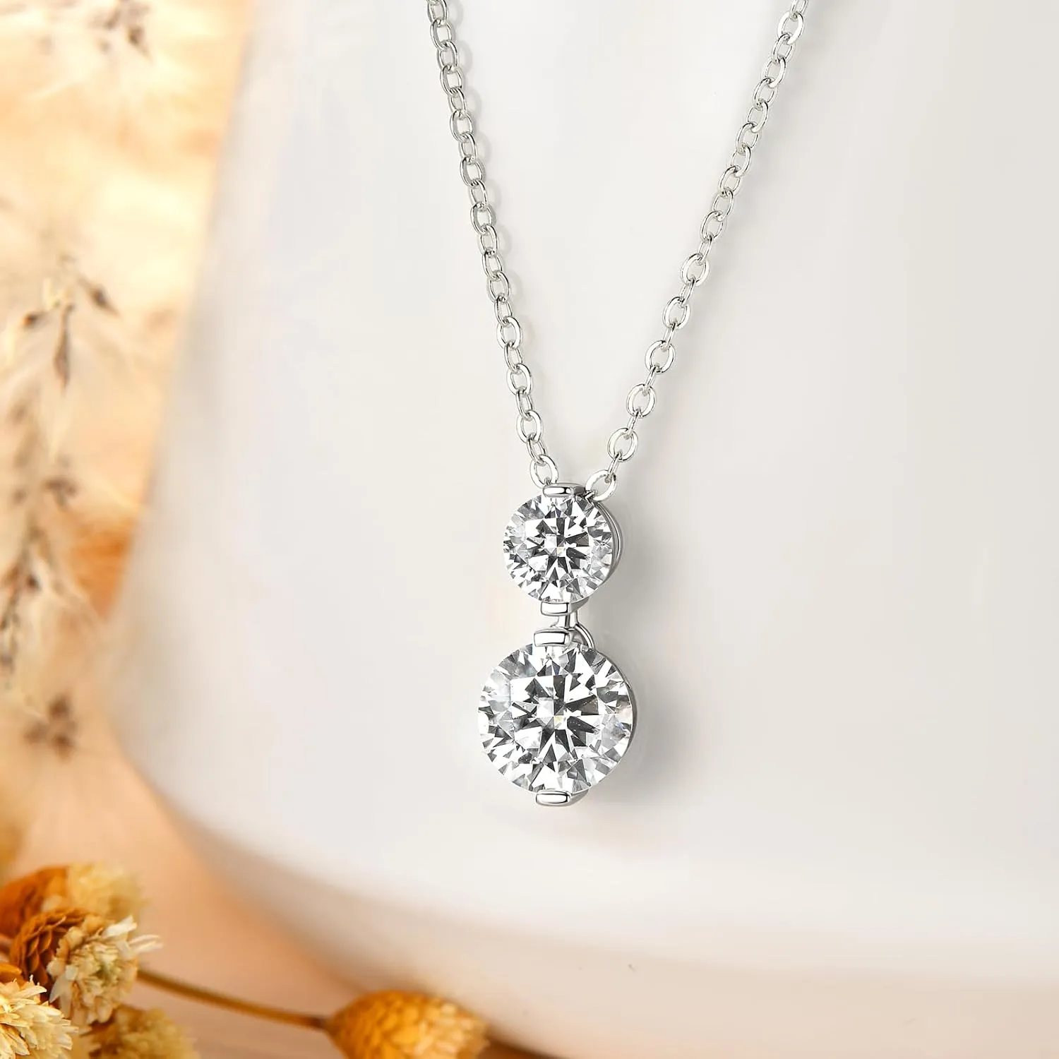 AINUOSHI Moissanite Necklace for Women, 2 Stone Pendant Necklace Gift for Mom/Wife Round Cut 1.70cttw 18K White/Yellow Gold Plated Sterling Silver with GRA Certificate of Authenticity