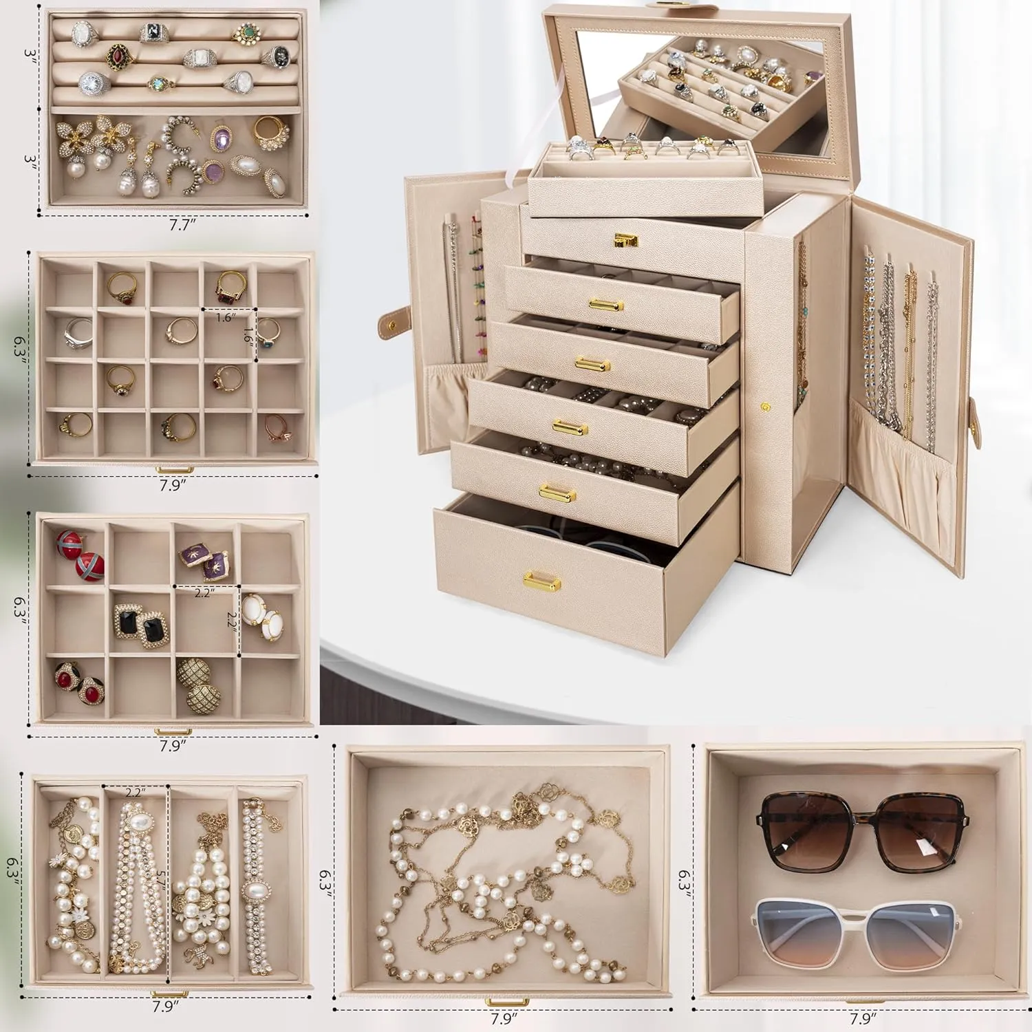 AKOZLIN Huge Jewelry Box Organizer Functional Extra Large Leather Jewelry Storage Case for Women Girls Ring Necklace Earring Bracelet Holder Organizer with Mirror