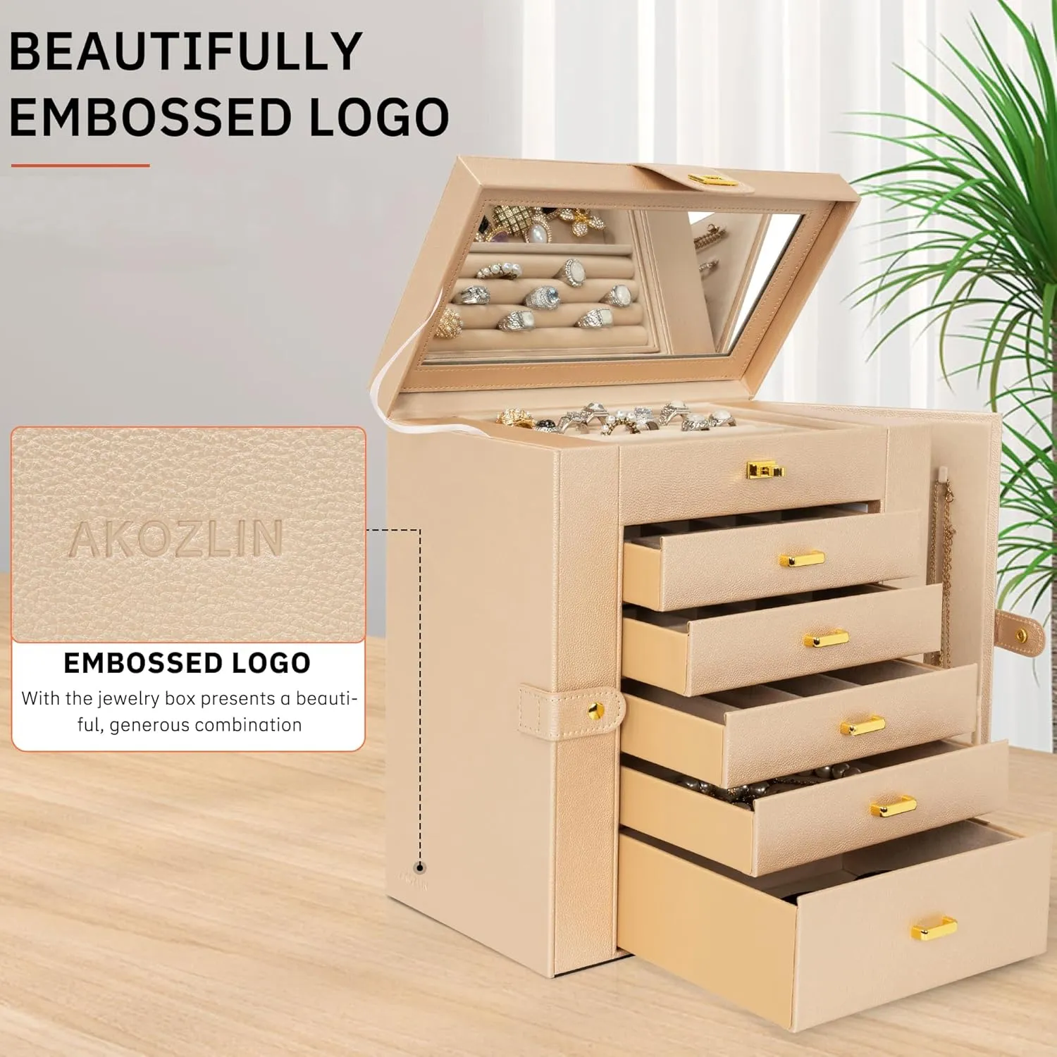 AKOZLIN Huge Jewelry Box Organizer Functional Extra Large Leather Jewelry Storage Case for Women Girls Ring Necklace Earring Bracelet Holder Organizer with Mirror