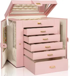 AKOZLIN Huge Jewelry Box Organizer Functional Extra Large Leather Jewelry Storage Case for Women Girls Ring Necklace Earring Bracelet Holder Organizer with Mirror