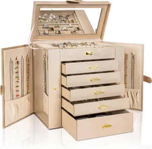 AKOZLIN Huge Jewelry Box Organizer Functional Extra Large Leather Jewelry Storage Case for Women Girls Ring Necklace Earring Bracelet Holder Organizer with Mirror