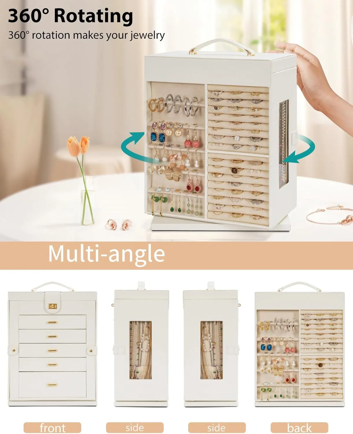AKOZLIN Jewelry Box 6-Tier Organizer Functional 360 Rotating Jewelry Storage Case for Women Girls Ring Necklace Earring Bracelet Holder with Mirror