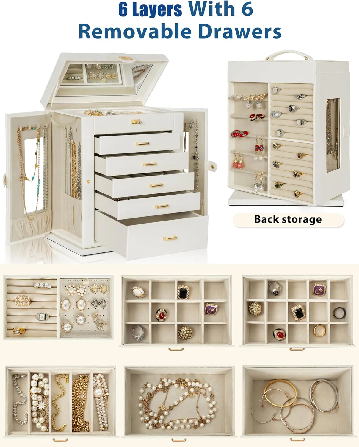 AKOZLIN Jewelry Box 6-Tier Organizer Functional 360 Rotating Jewelry Storage Case for Women Girls Ring Necklace Earring Bracelet Holder with Mirror