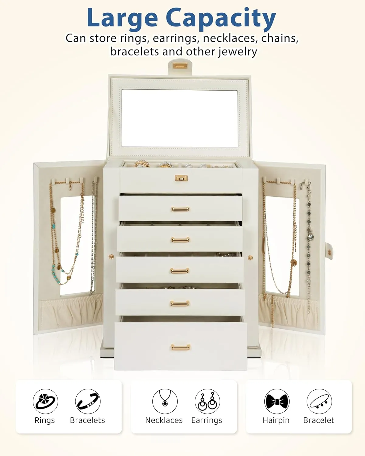 AKOZLIN Jewelry Box 6-Tier Organizer Functional 360 Rotating Jewelry Storage Case for Women Girls Ring Necklace Earring Bracelet Holder with Mirror