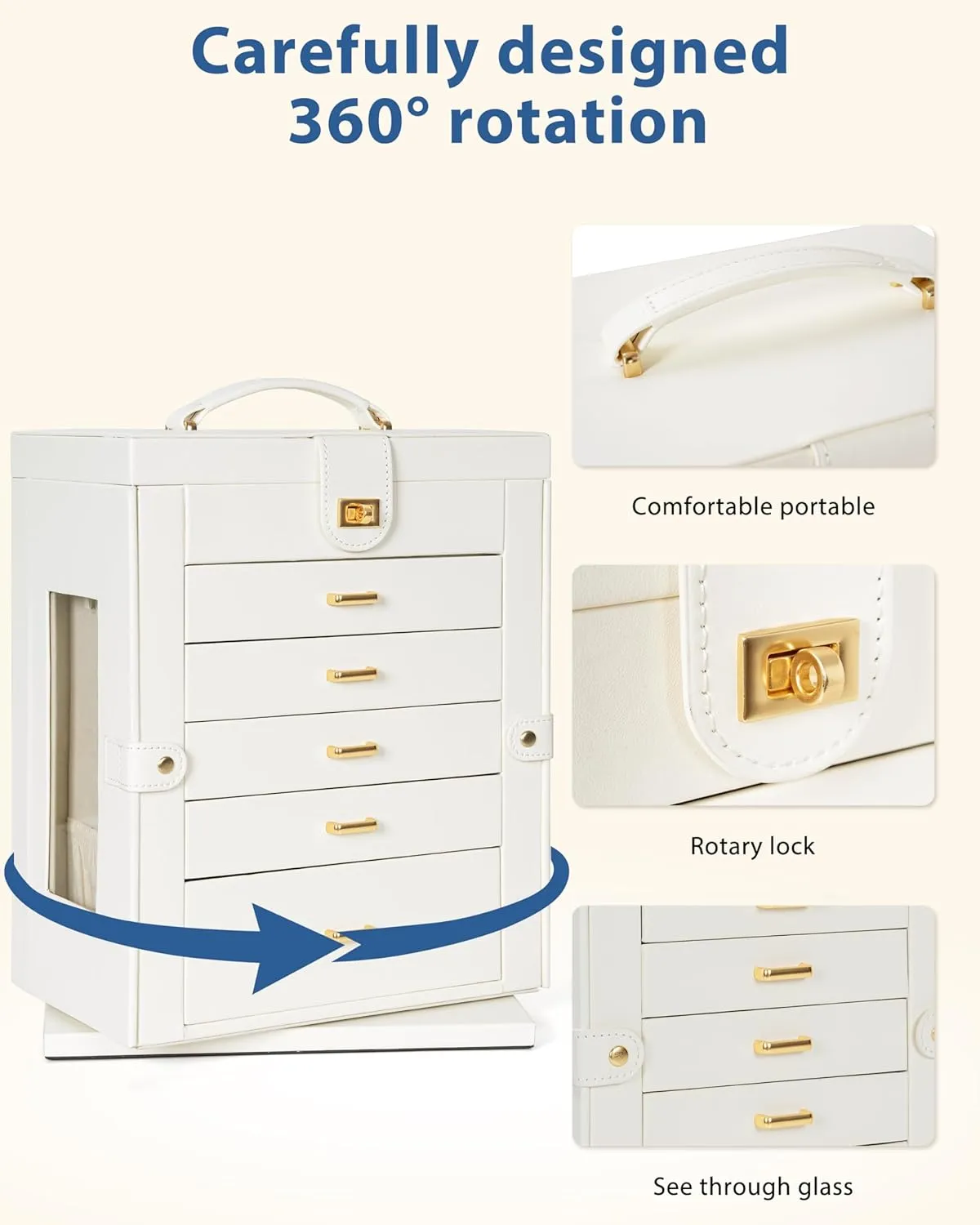 AKOZLIN Jewelry Box 6-Tier Organizer Functional 360 Rotating Jewelry Storage Case for Women Girls Ring Necklace Earring Bracelet Holder with Mirror