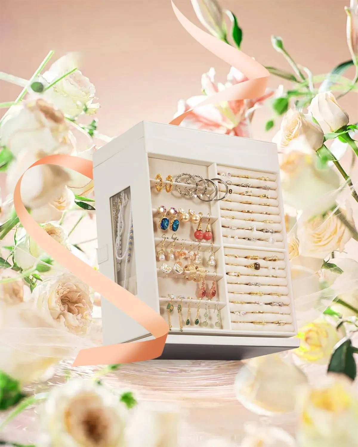 AKOZLIN Jewelry Box 6-Tier Organizer Functional 360 Rotating Jewelry Storage Case for Women Girls Ring Necklace Earring Bracelet Holder with Mirror