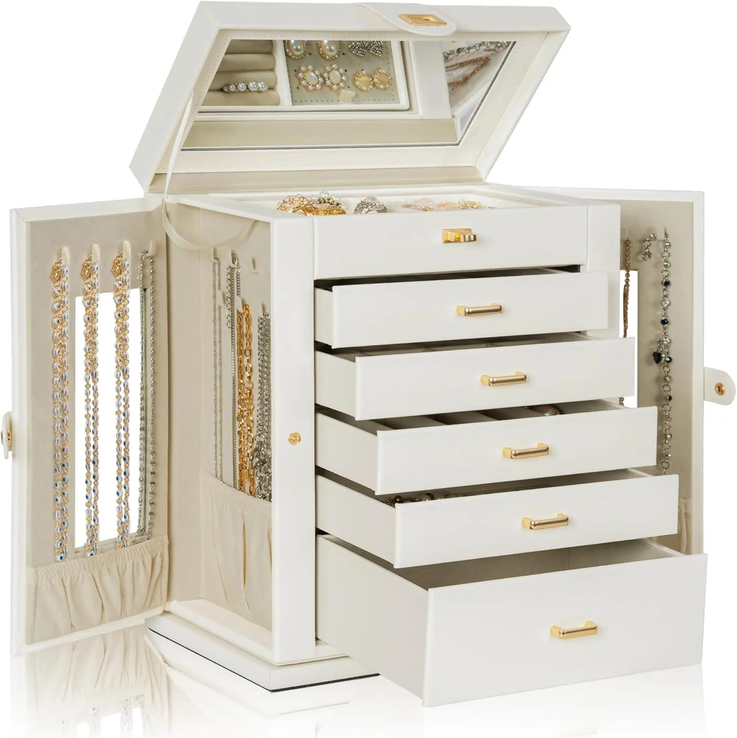 AKOZLIN Jewelry Box 6-Tier Organizer Functional 360 Rotating Jewelry Storage Case for Women Girls Ring Necklace Earring Bracelet Holder with Mirror
