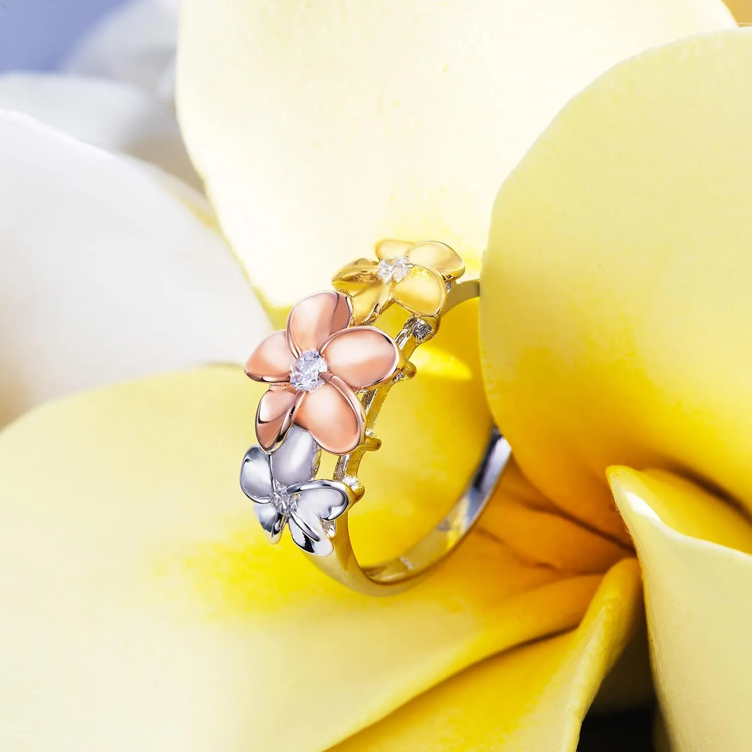 Aloha Jewelry Company 925 Sterling Silver 14K Gold Pated Tri-Color Cubic Zirconia Three Hawaiian Plumeria Flower Ring, Nickel Free Hypoallergenic for Sensitive Skin, Gift Box Included