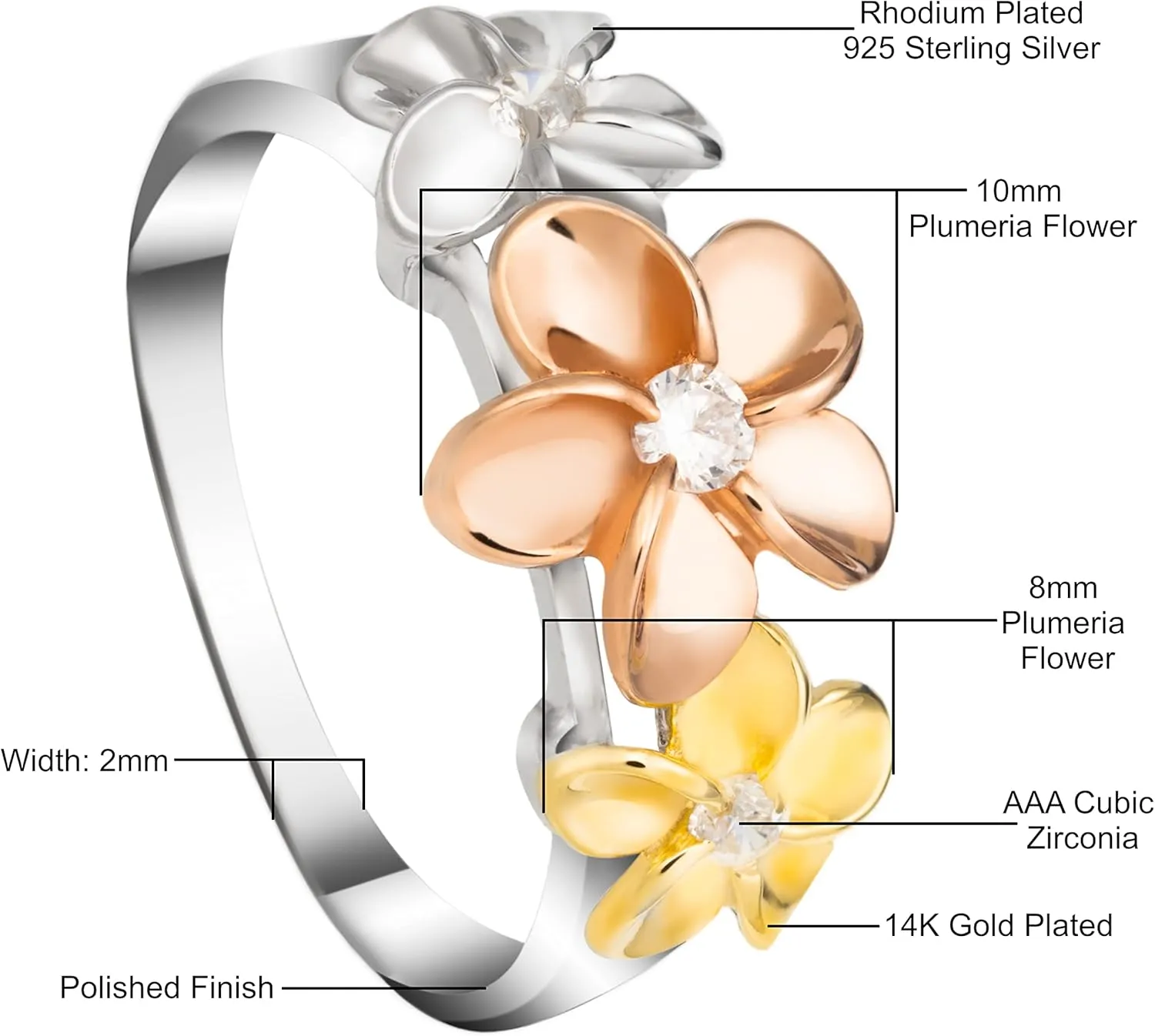 Aloha Jewelry Company 925 Sterling Silver 14K Gold Pated Tri-Color Cubic Zirconia Three Hawaiian Plumeria Flower Ring, Nickel Free Hypoallergenic for Sensitive Skin, Gift Box Included