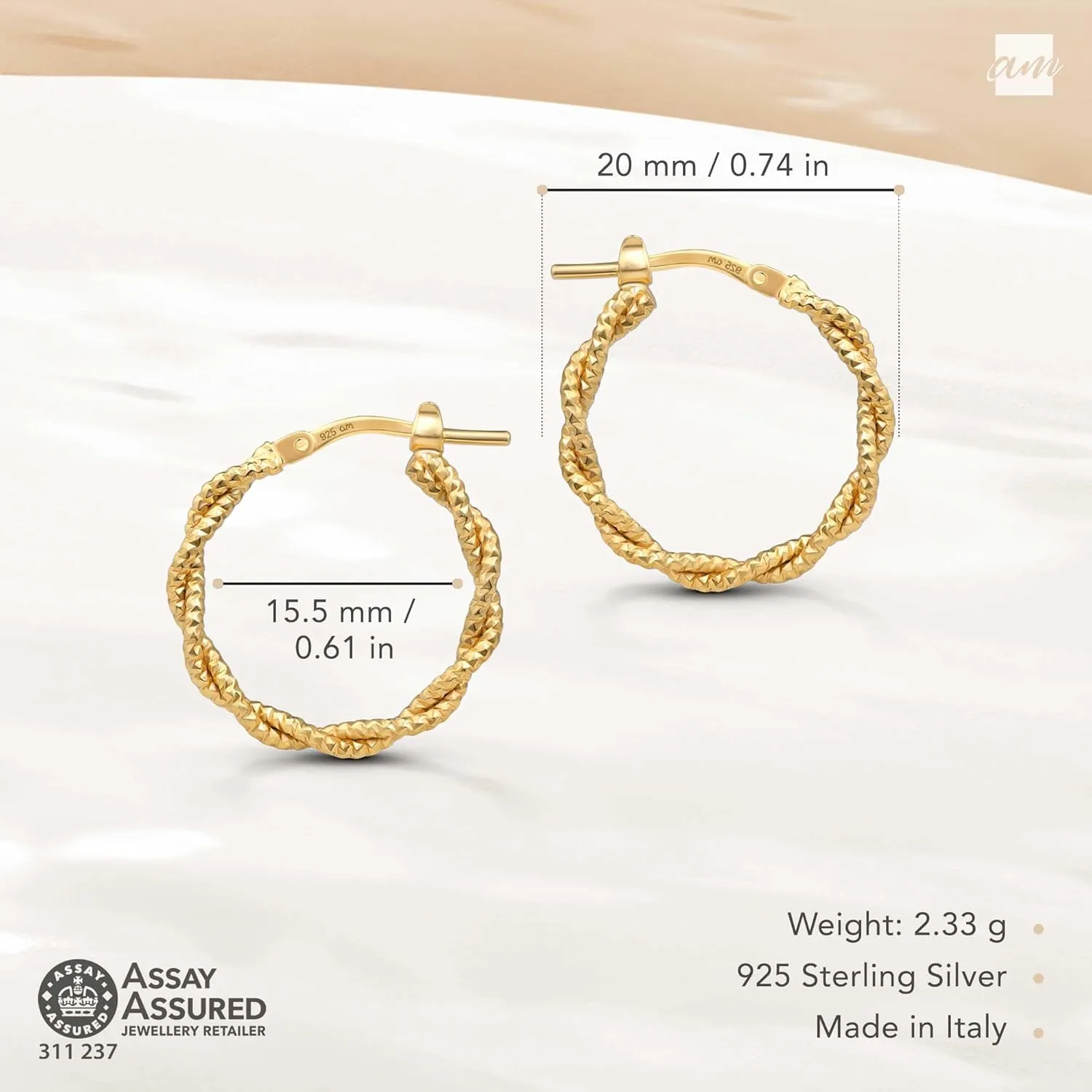 Amberta Italian 925 Sterling Silver Hoop Earrings for Women | Silver Twisted Hoops | Twisted Rope Hoop Earrings | Silver Round Hoop Earrings for Women