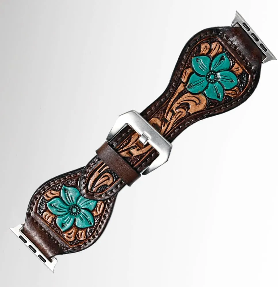 American Darling Floral Hand Tooled I watch Men Women Genuine Leather Strap