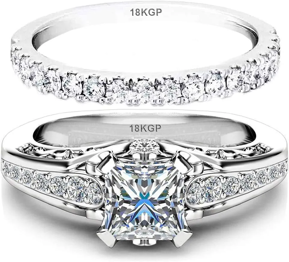 AndreAngel Engagement Ring Set for Women Princess Cut Sterling Silver 925 Rhodium-Platinum Plated | 50 Cubic Zirconia Stones High Grade AAAAA  Alternative to Diamonds | Promise Anniversary Bridal Valentines Wedding