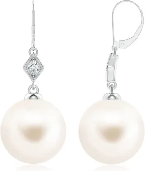 ANGARA Freshwater Pearl Earrings with Pav-Set Diamond in 14K Solid Gold/Platinum | June Birthstone, Birthday, Engagement, Anniversary, Wedding Jewelry Gift for Women
