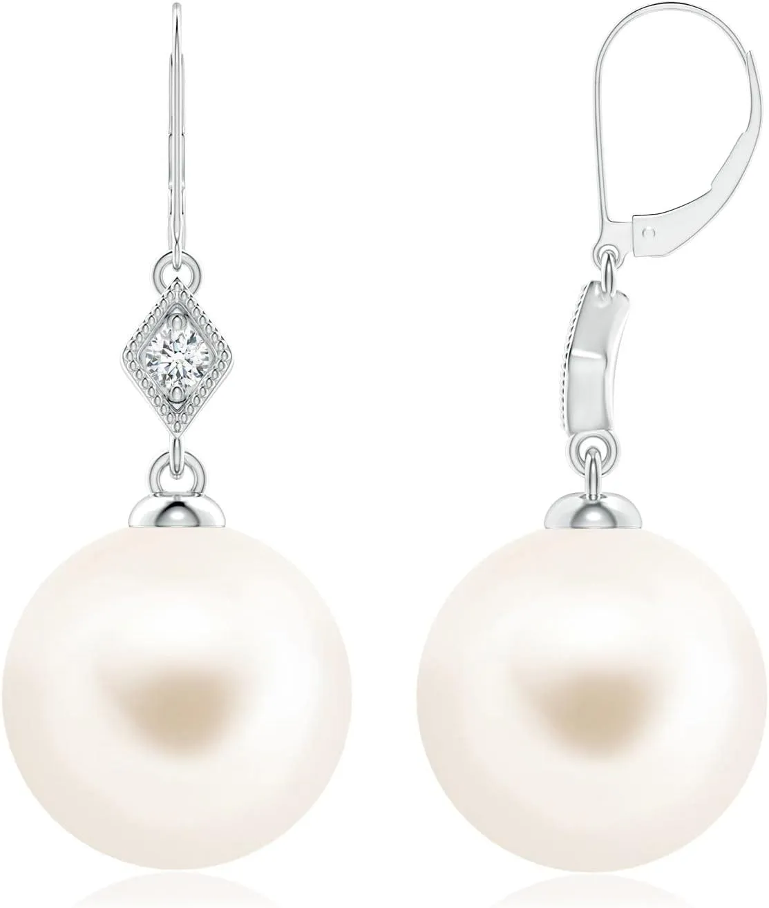 ANGARA Freshwater Pearl Earrings with Pav-Set Diamond in 14K Solid Gold/Platinum | June Birthstone, Birthday, Engagement, Anniversary, Wedding Jewelry Gift for Women
