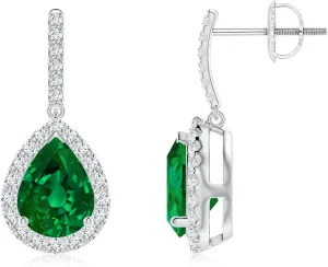 ANGARA Lab Grown Pear-Shaped Emerald Halo Dangle Earrings in 14K Solid Gold/Platinum | May Birthstone, Birthday, Engagement, Anniversary, Wedding Jewelry Gift for Women