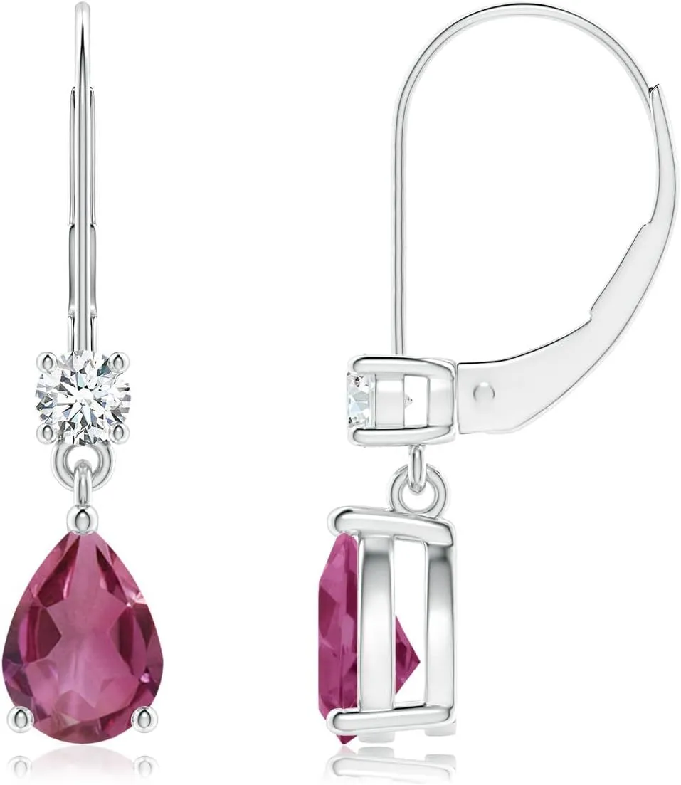 ANGARA Natural Pear Pink Tourmaline Leverback Drop Earrings with Diamond in 14K Solid Gold/Platinum | Birthday, Engagement, Anniversary, Wedding Jewelry Gift for Women