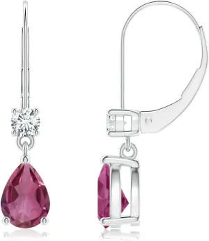 ANGARA Natural Pear Pink Tourmaline Leverback Drop Earrings with Diamond in 14K Solid Gold/Platinum | Birthday, Engagement, Anniversary, Wedding Jewelry Gift for Women