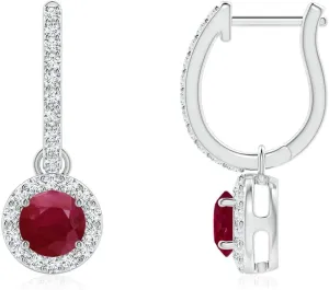 ANGARA Natural Round Ruby Dangle Earrings with Diamond Halo in 14K Solid Gold/Platinum | July Birthstone, Birthday, Engagement, Anniversary, Wedding Jewelry Gift for Women