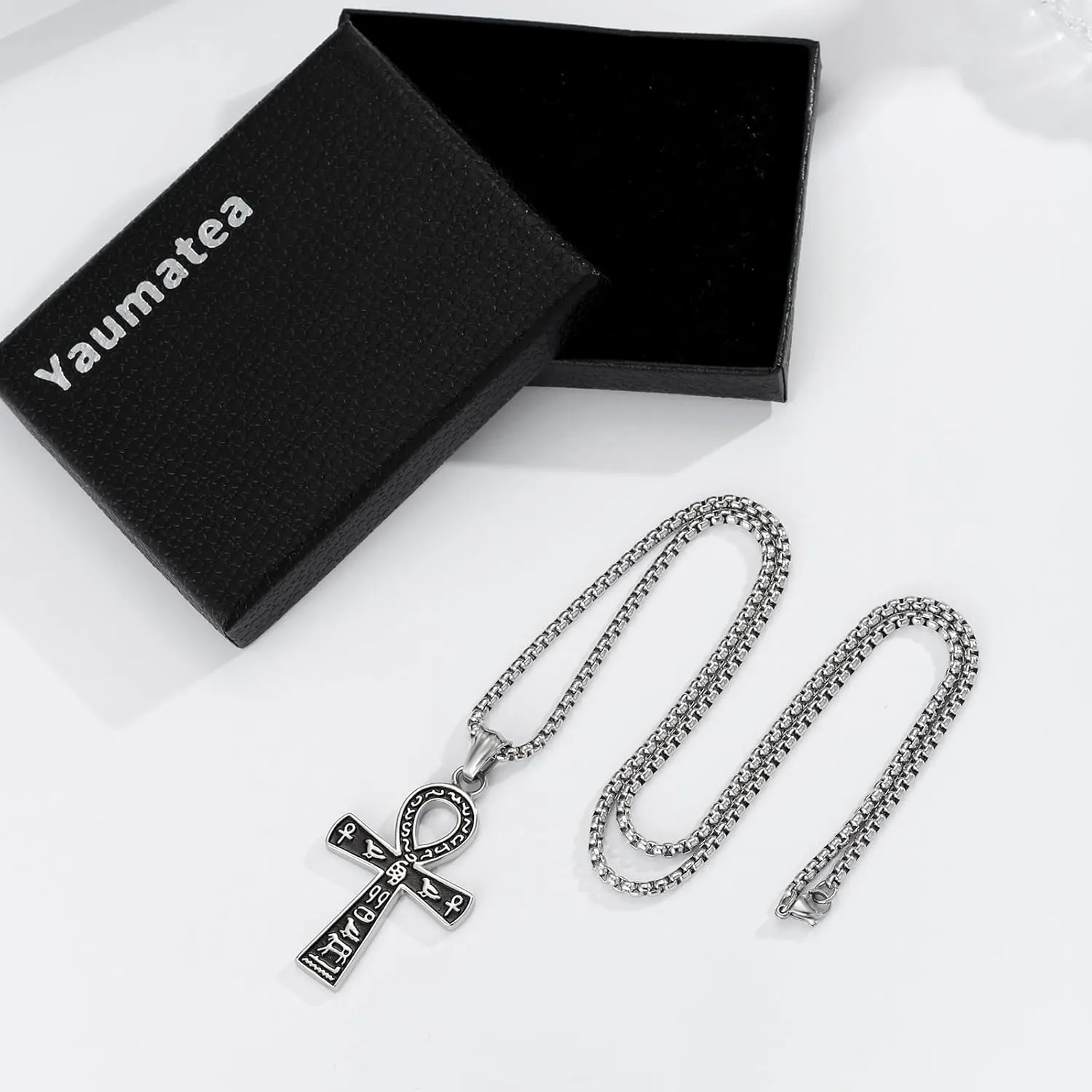 Ankh Cross Pendant Necklace, Ancient Egyptian Key of Life, Coptic Amulet of Protection, Stainless Steel Jewelry for Men and Women, 24-Inch Chain, Available in Black, Gold, Silver