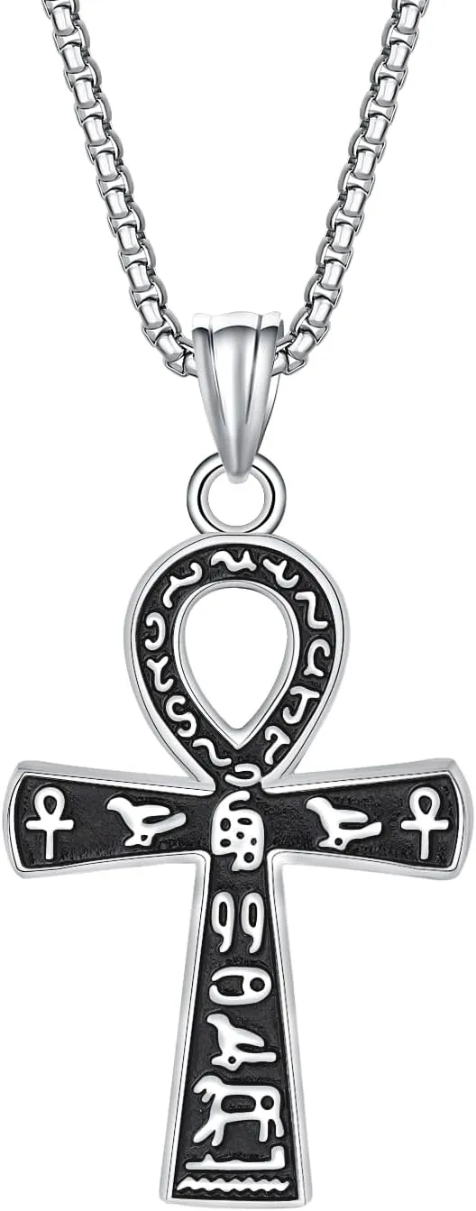 Ankh Cross Pendant Necklace, Ancient Egyptian Key of Life, Coptic Amulet of Protection, Stainless Steel Jewelry for Men and Women, 24-Inch Chain, Available in Black, Gold, Silver