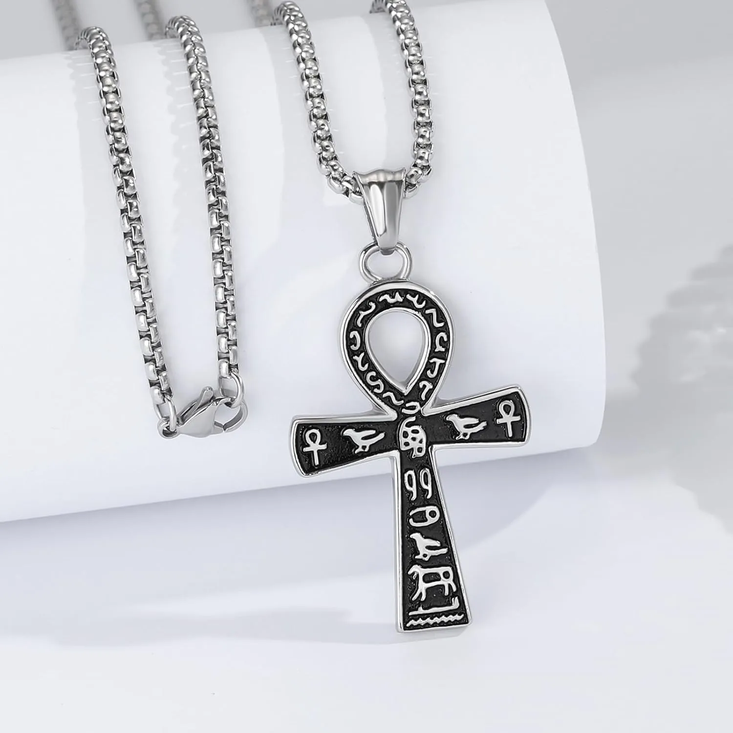 Ankh Cross Pendant Necklace, Ancient Egyptian Key of Life, Coptic Amulet of Protection, Stainless Steel Jewelry for Men and Women, 24-Inch Chain, Available in Black, Gold, Silver