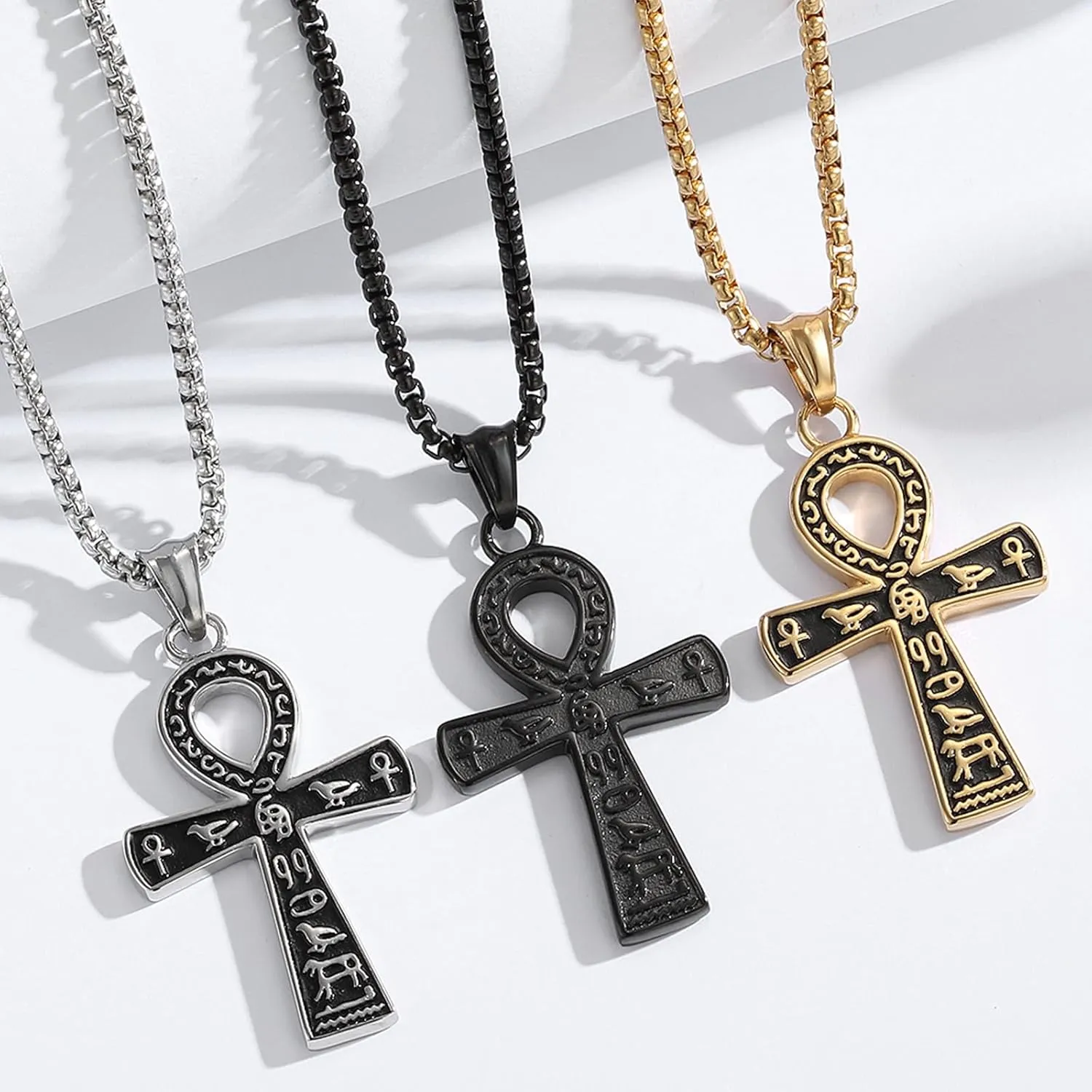 Ankh Cross Pendant Necklace, Ancient Egyptian Key of Life, Coptic Amulet of Protection, Stainless Steel Jewelry for Men and Women, 24-Inch Chain, Available in Black, Gold, Silver