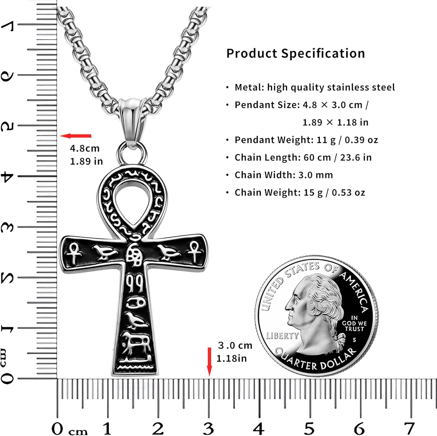 Ankh Cross Pendant Necklace, Ancient Egyptian Key of Life, Coptic Amulet of Protection, Stainless Steel Jewelry for Men and Women, 24-Inch Chain, Available in Black, Gold, Silver