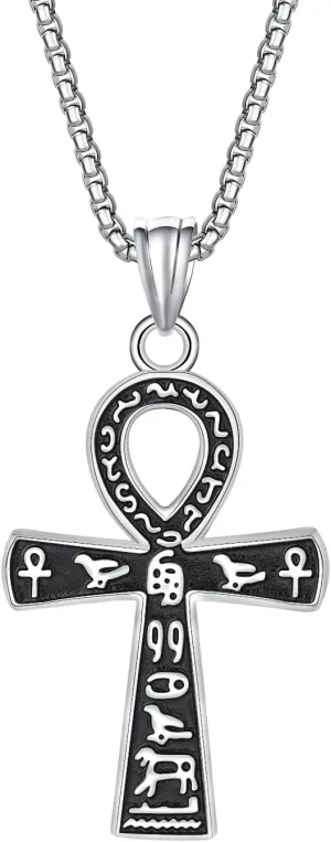 Ankh Cross Pendant Necklace, Ancient Egyptian Key of Life, Coptic Amulet of Protection, Stainless Steel Jewelry for Men and Women, 24-Inch Chain, Available in Black, Gold, Silver