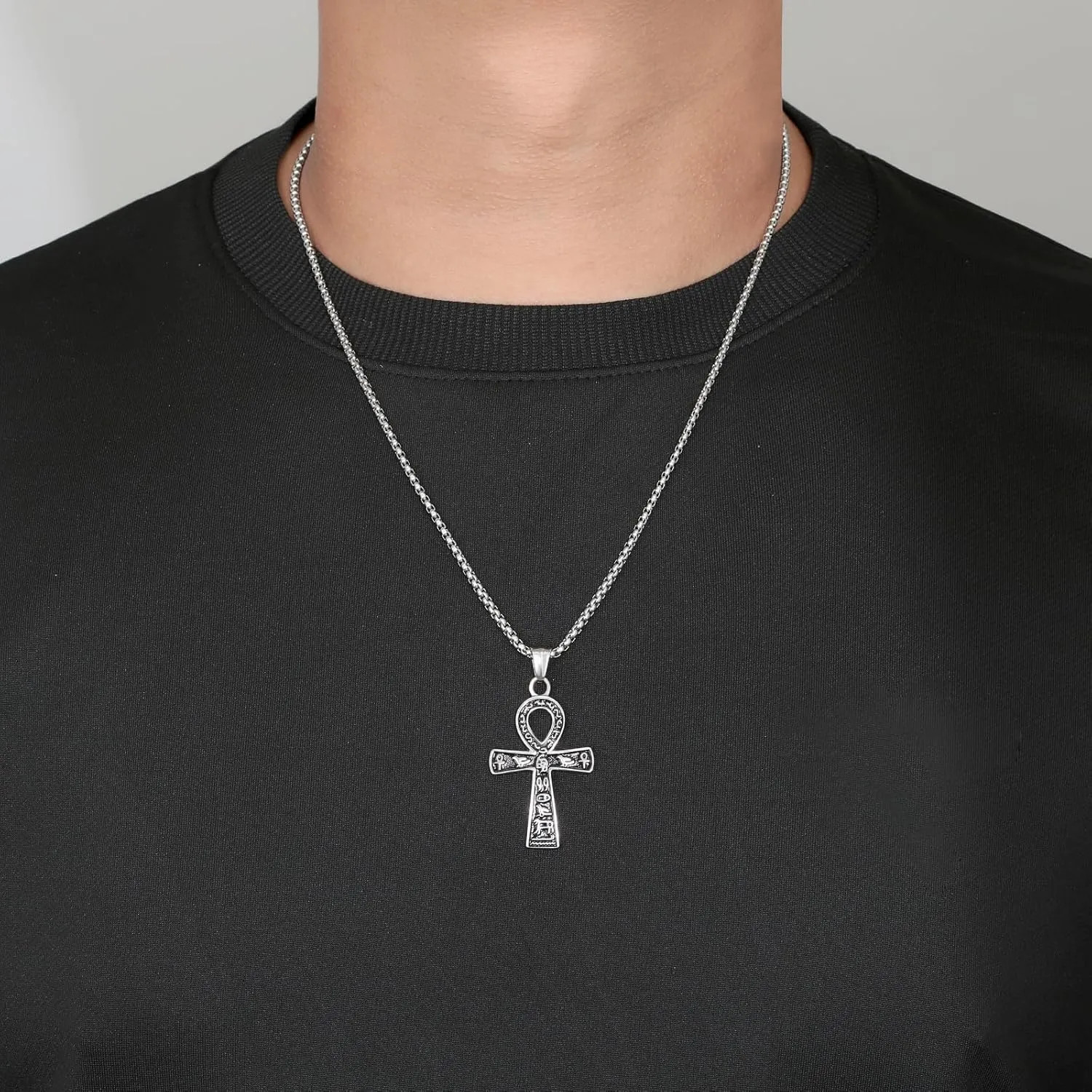 Ankh Cross Pendant Necklace, Ancient Egyptian Key of Life, Coptic Amulet of Protection, Stainless Steel Jewelry for Men and Women, 24-Inch Chain, Available in Black, Gold, Silver