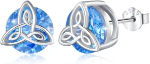 Aquamarine Stud Earrings for Women, 925 Sterling Silver Celtic Trinity Knot Earrings Minimalist Irish Jewelry Gifts for Her
