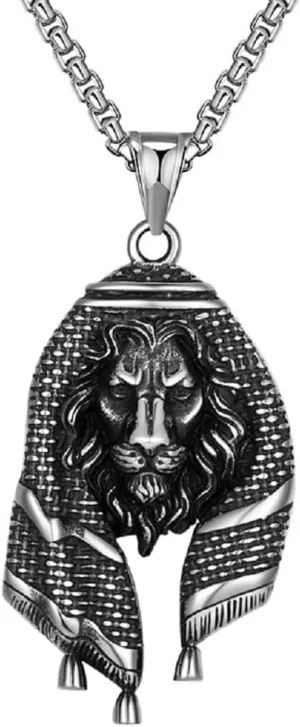 Arabic Lion Pendant for Men Punk Lion Head Necklace, Arabic Keffiyeh Lion Necklace Mens Powerful Lion Head Jewelry Gothic Lion Animal Necklace Classic Lion Head Charm Necklace, SILVER
