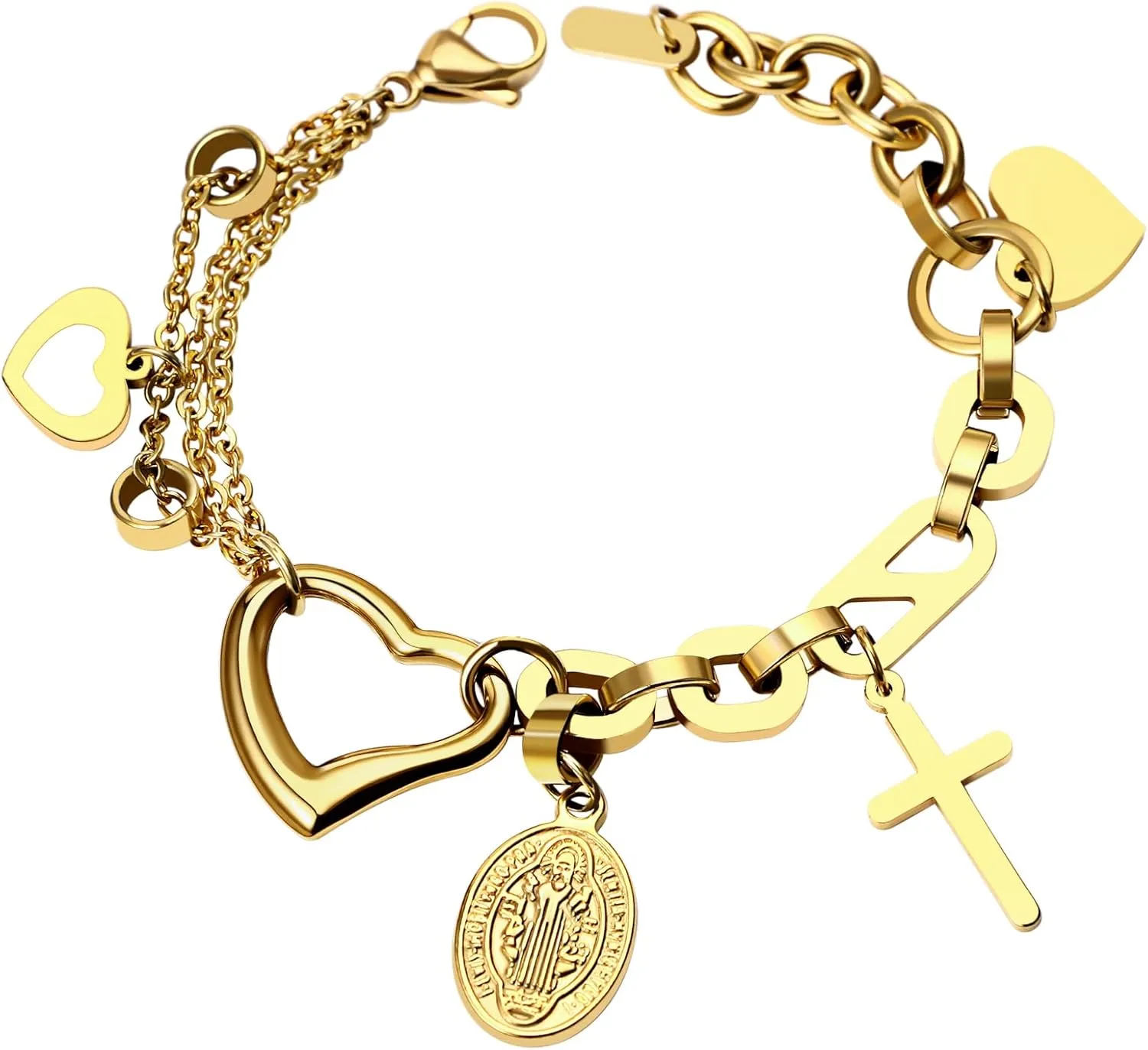 Aroncent Womens Virgin Mary Bracelet: Catholic Jewelry with Hollow Heart Cross Jesus Charms Stainless Steel - Religious Prayer Gift Adjustable Chain