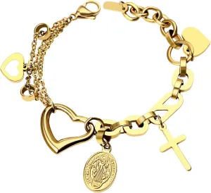 Aroncent Womens Virgin Mary Bracelet: Catholic Jewelry with Hollow Heart Cross Jesus Charms Stainless Steel - Religious Prayer Gift Adjustable Chain