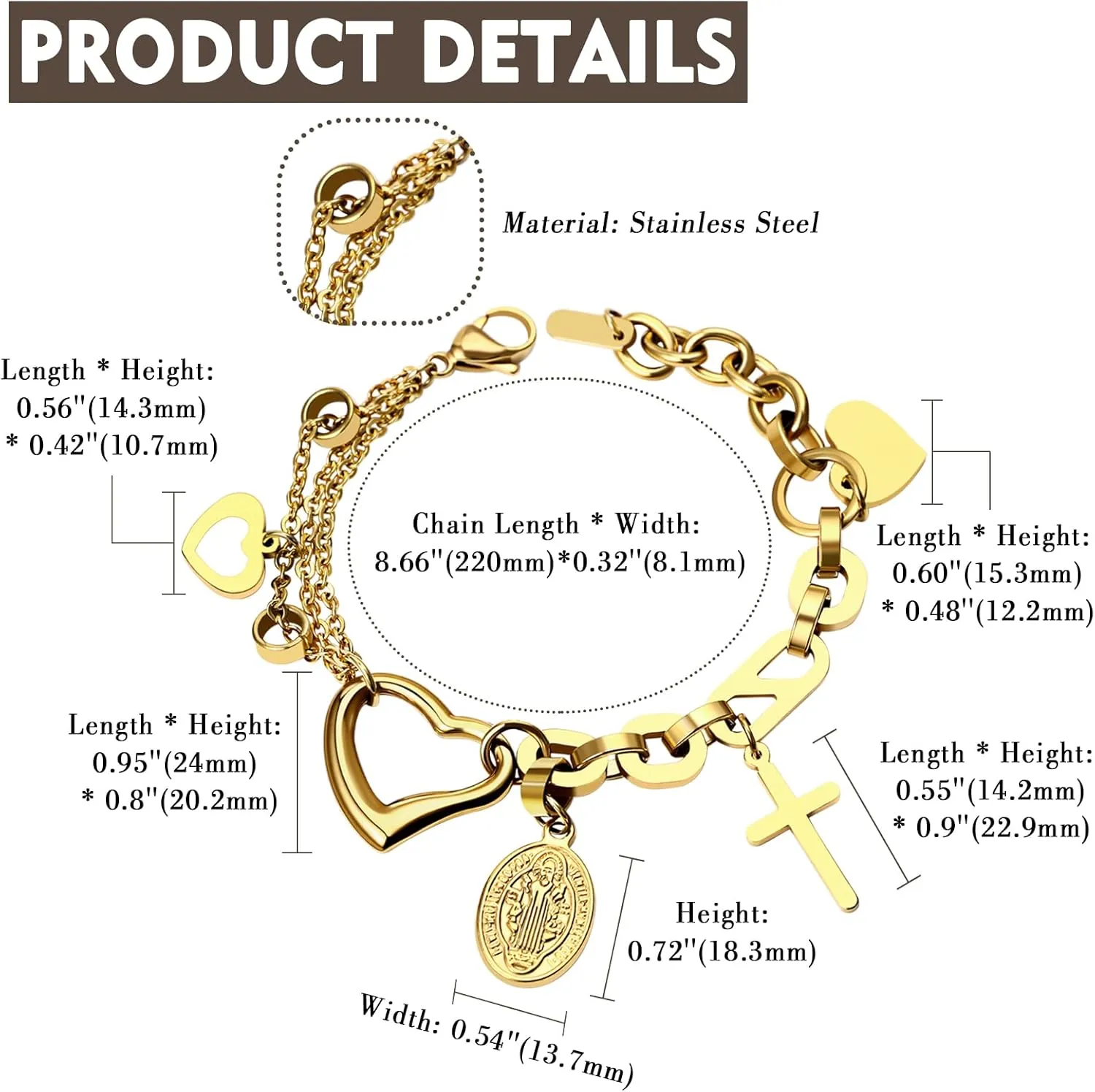 Aroncent Womens Virgin Mary Bracelet: Catholic Jewelry with Hollow Heart Cross Jesus Charms Stainless Steel - Religious Prayer Gift Adjustable Chain
