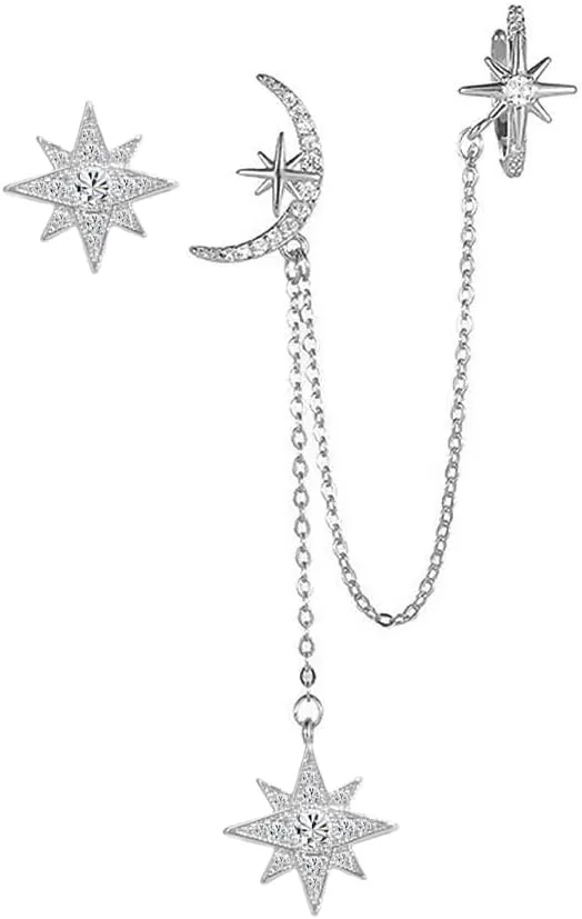 Asymmetric Moon Star CZ Ear Cuff Wrap Clip On 925 Sterling Silver Stud Long Chain Climbers Crawler Tassel Dangle Drop Threader Cartilage Hoop Earrings for Women Teen Girls Fashion Hypoallergenic Gifts Bff Daughter Girlfriend Her