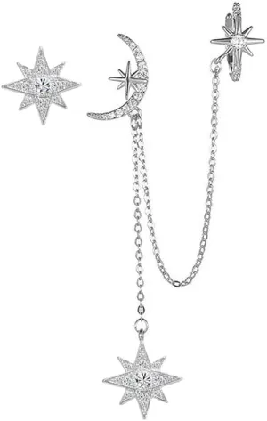 Asymmetric Moon Star CZ Ear Cuff Wrap Clip On 925 Sterling Silver Stud Long Chain Climbers Crawler Tassel Dangle Drop Threader Cartilage Hoop Earrings for Women Teen Girls Fashion Hypoallergenic Gifts Bff Daughter Girlfriend Her