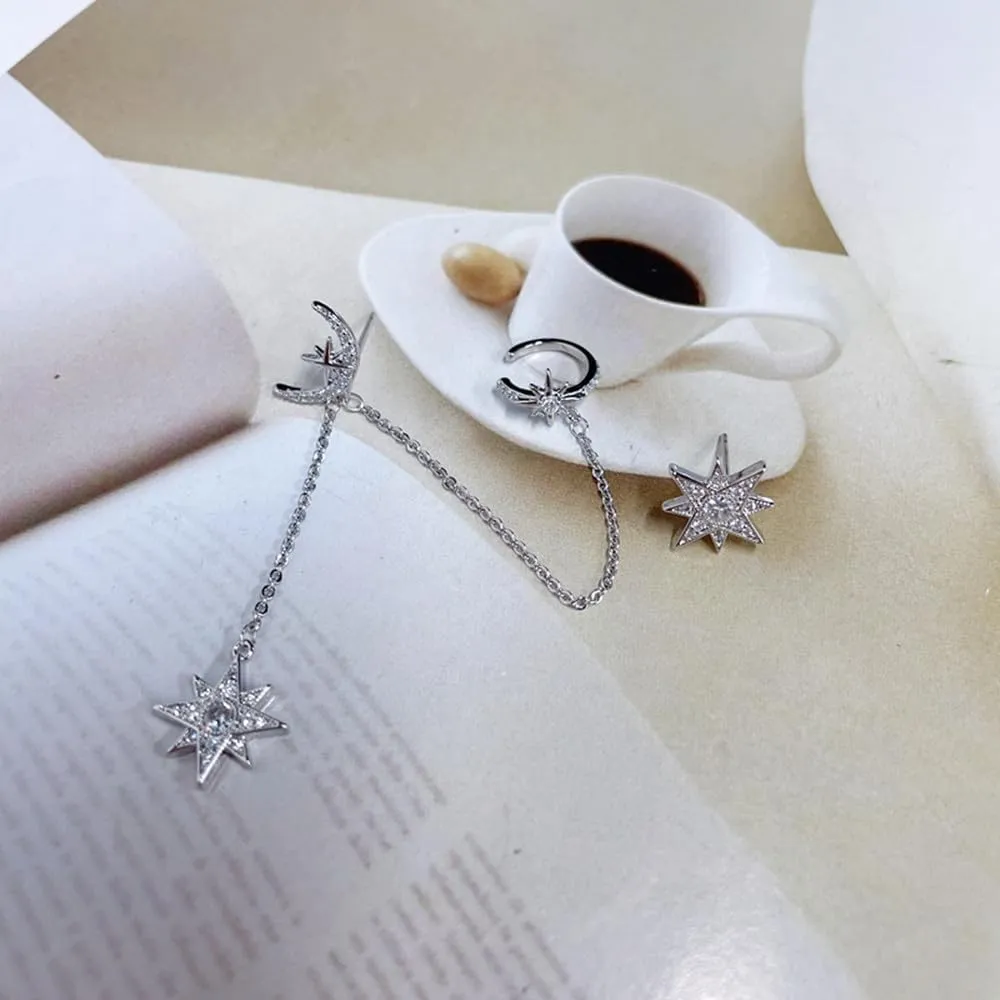 Asymmetric Moon Star CZ Ear Cuff Wrap Clip On 925 Sterling Silver Stud Long Chain Climbers Crawler Tassel Dangle Drop Threader Cartilage Hoop Earrings for Women Teen Girls Fashion Hypoallergenic Gifts Bff Daughter Girlfriend Her