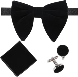 AUSKY Men Pre-Tied Oversized Big Velvet Bow Tie Pocket Square Cufflinks & Flower Lapel Pin Brooch Set