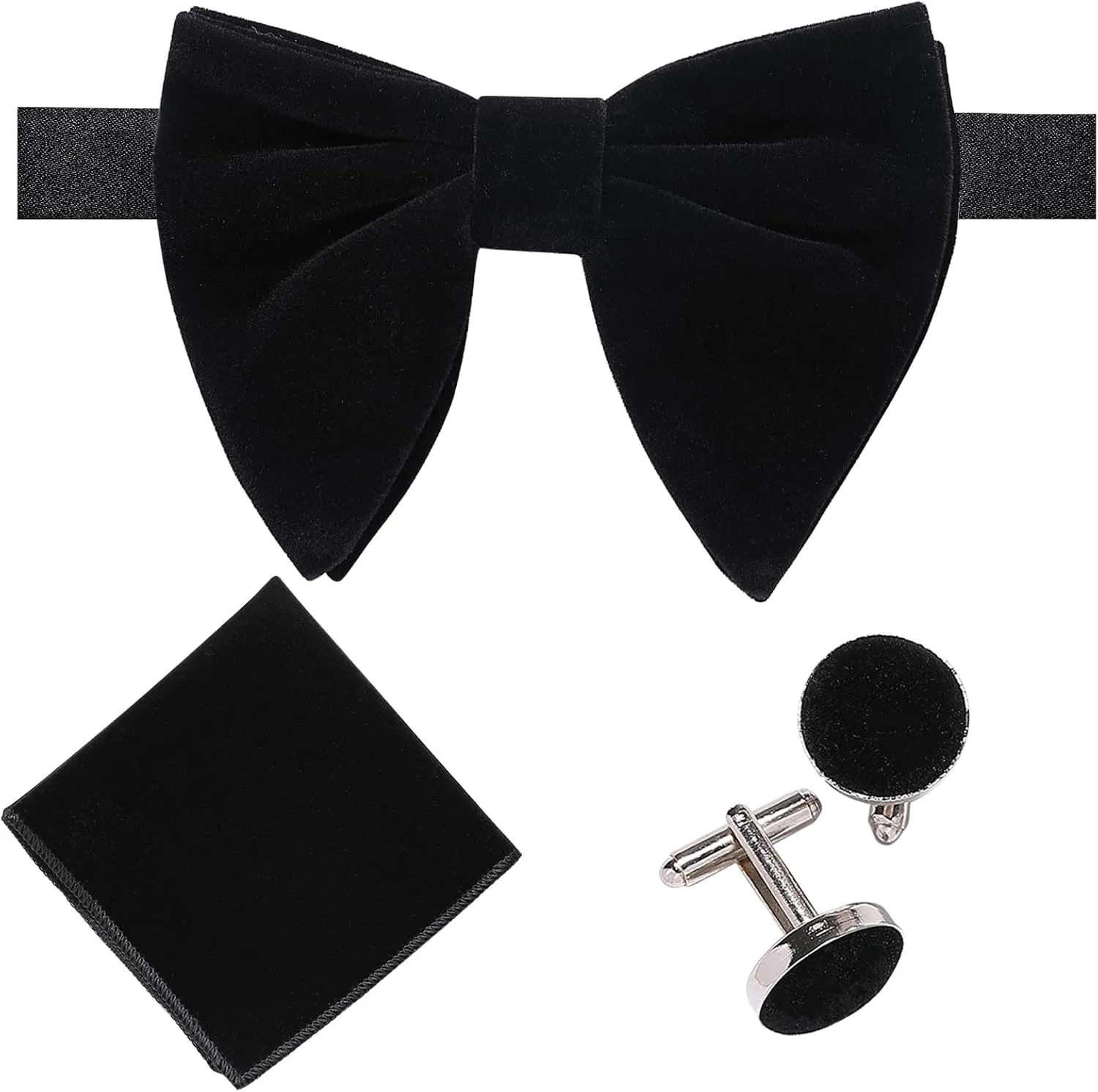 AUSKY Men Pre-Tied Oversized Big Velvet Bow Tie Pocket Square Cufflinks & Flower Lapel Pin Brooch Set