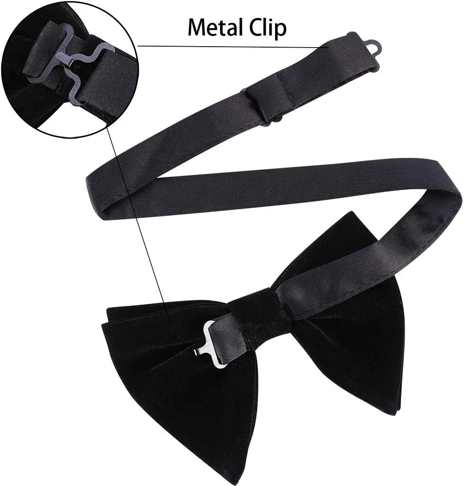 AUSKY Men Pre-Tied Oversized Big Velvet Bow Tie Pocket Square Cufflinks & Flower Lapel Pin Brooch Set